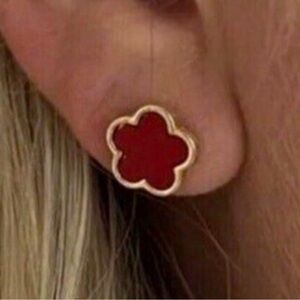 Gold Plated RED Clover Earrings Stainless Steel Floral Womens Jewelry